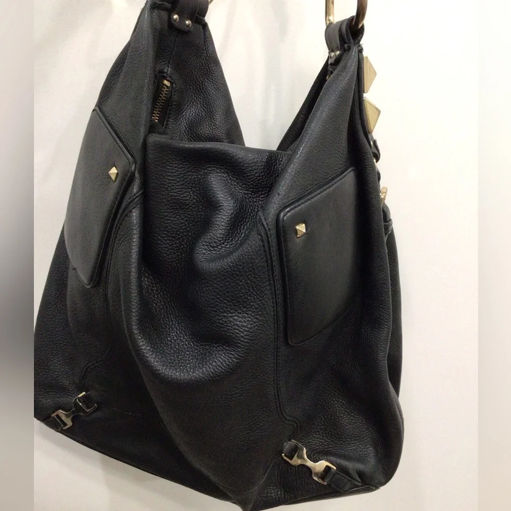 Ann Taylor Black Leather Studded Large Hobo Shoulder Bag